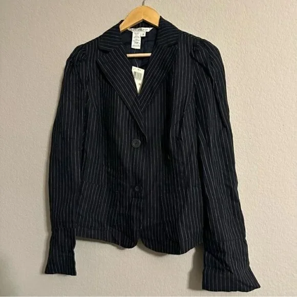 Max Studio Black Pinstripe Fully Lined Linen Blazer Jacket-Size 12 - Picture 2 of 11